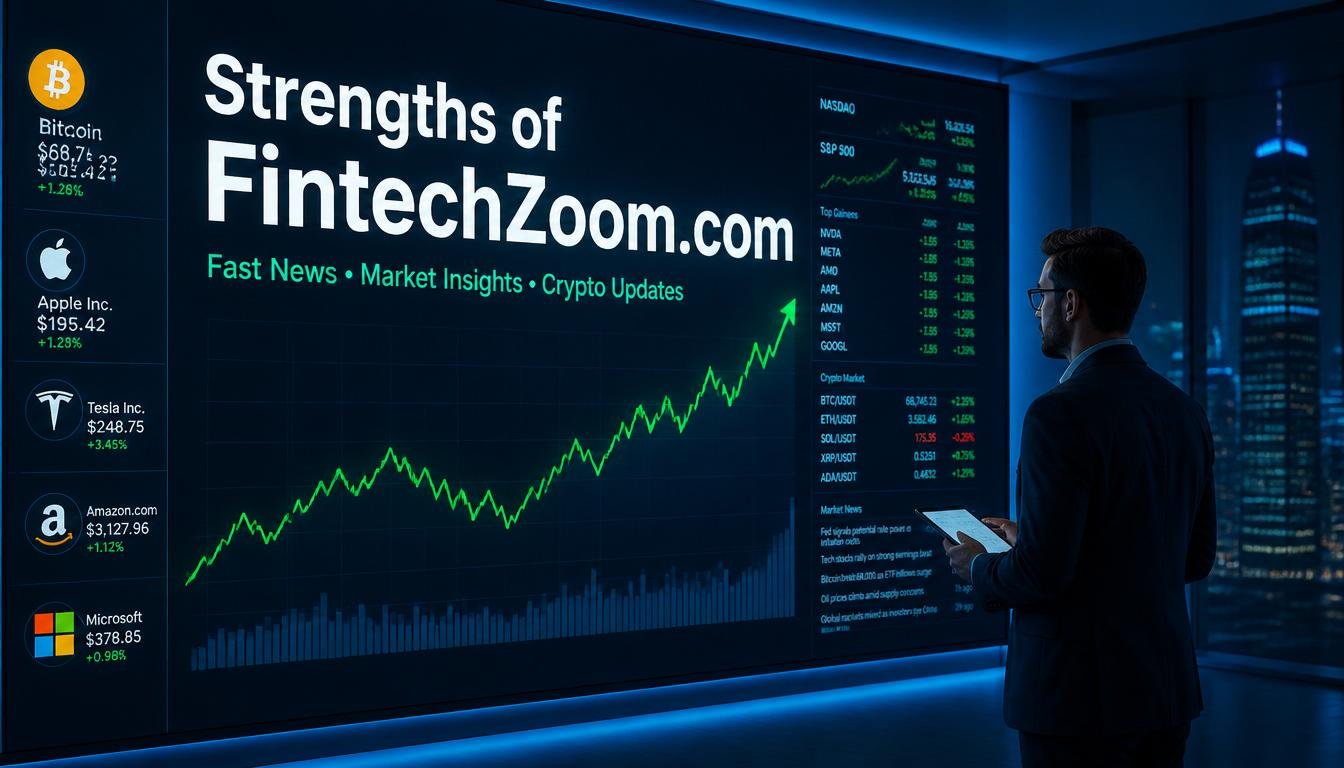 FintechZoom.com finance dashboard with market charts and crypto data.